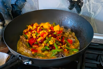 Tasty grilled vegetables on pan on dark background. Healthy food, summer food concept.