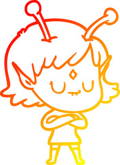 warm gradient line drawing of a cartoon alien girl