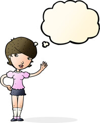 cartoon girl waving with thought bubble