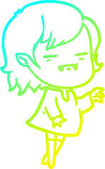 cold gradient line drawing of a cartoon undead vampire girl reaching out