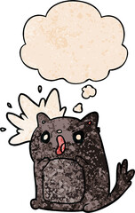 cartoon shocked cat with thought bubble in grunge texture style