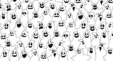 Cartoon halloween ghosts pattern. White vector background with creepy spooks emotions and face expressions. Monochrome ornament for wrapping paper, web design or greeting card with funny phantoms