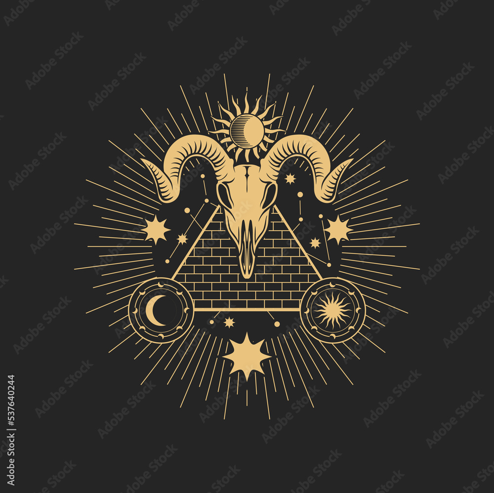 Wall mural Occult esoteric pentagram sign with goat skull, egyptian pyramid, star with moon and radiant rays Vector mason spiritual magic emblem, isolated alchemy, wicca or pagan symbol