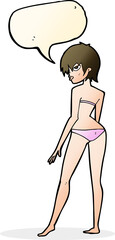 cartoon woman in bikini with speech bubble