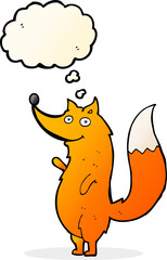 cartoon waving fox with thought bubble