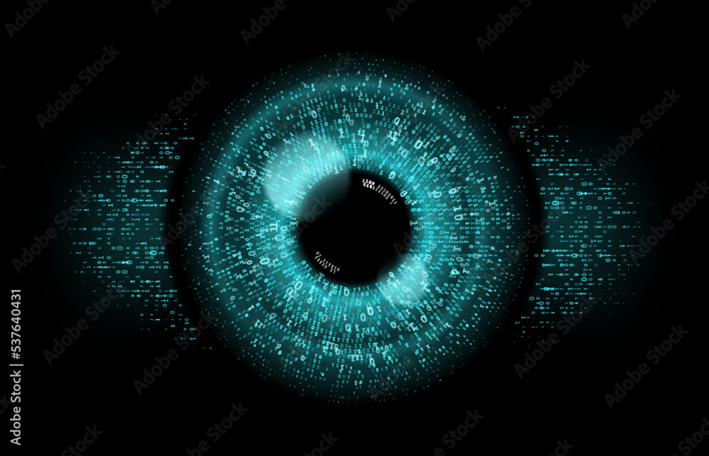 Leinwandbilder Digital eye, data network and cyber security technology, secure surveillance. Vector digital eye in binary code, internet tech and cyberspace security, HUD virtual monitoring or surveillance scanner