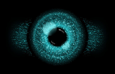 Digital eye, data network and cyber security technology, secure surveillance. Vector digital eye in binary code, internet tech and cyberspace security, HUD virtual monitoring or surveillance scanner