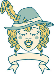 Retro Tattoo Style singing half orc bard character with banner