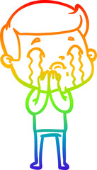 rainbow gradient line drawing of a cartoon man crying