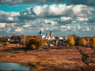 Suzdal, Russia. Flight. Church of Elijah the Prophet on Ivanova Hill or Church of Elijah - a temple in Suzdal in the bend of the Kamenka River, Aerial View