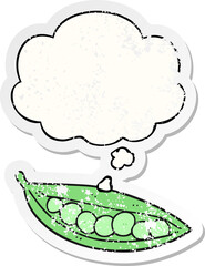 cartoon peas in pod with thought bubble as a distressed worn sticker