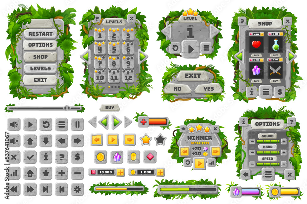 Poster jungle stones game interface, cartoon gui elements and ui vector game asset. jungle stones for arcad