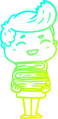 cold gradient line drawing of a cartoon man laughing holding books