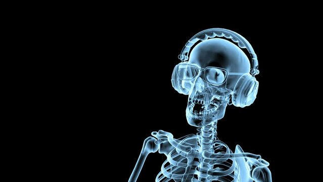 DJ skeleton in headphones listening to music and dancing