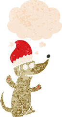 cute christmas cartoon dog with thought bubble in grunge distressed retro textured style