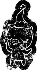 quirky cartoon distressed icon of a pig crying wearing santa hat
