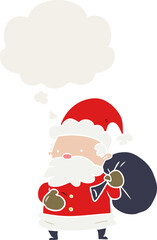 cartoon santa claus with thought bubble in retro style