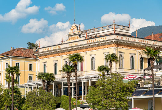 Bellagio, Lombardy, Italy - September 5, 2022: View of the Luxury Grand Hotel Villa Serbelloni on the shore of lake Como in Bellagio.