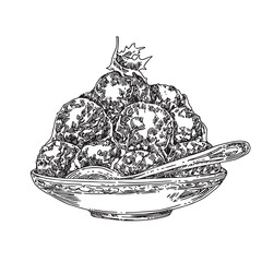 Pile of meatballs on plate. Sketch. Engraving style. Vector illustration.