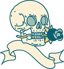 traditional tattoo with banner of a skull and rose