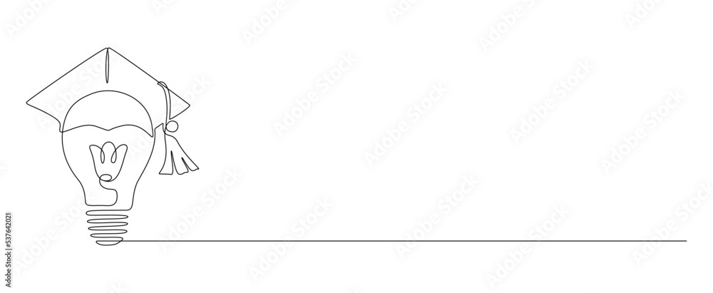Leinwandbilder One continuous line drawing of Light Bulb with Graduation Hat. Lightbilb lamp symbol of smart and innovative education and study in simple linear style. Editable stroke. Doodle Vector illustration