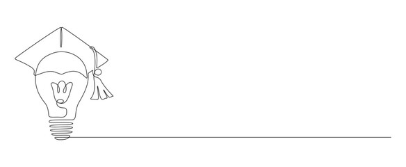 One continuous line drawing of Light Bulb with Graduation Hat. Lightbilb lamp symbol of smart and innovative education and study in simple linear style. Editable stroke. Doodle Vector illustration © Olga Rai