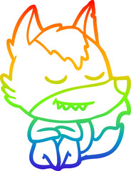 rainbow gradient line drawing of a friendly cartoon wolf sitting