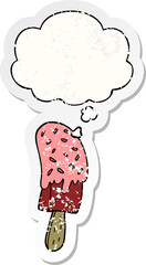 cartoon ice cream lolly with thought bubble as a distressed worn sticker