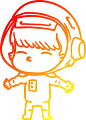 warm gradient line drawing of a cartoon curious astronaut
