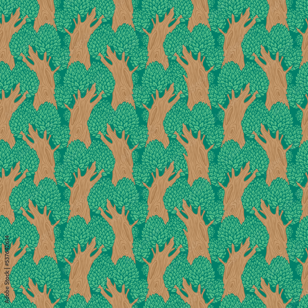 Aufkleber seamless pattern with old deciduous trees. vector background with dense forest in a flat cartoon sty