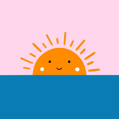 orange smiling sun on the blue sea