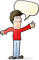 cartoon happy man waving with speech bubble