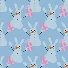 Winter ice snowman seamless Christmas pattern for Noel and wrapping paper and kids clothes print and snowflakes