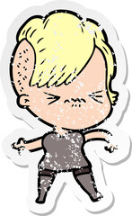 distressed sticker of a cartoon annoyed hipster girl