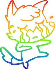 rainbow gradient line drawing of a crying fox cartoon dancing