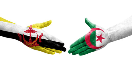 Handshake between Algeria and Brunei flags painted on hands, isolated transparent image.