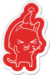 quirky cartoon  sticker of a cat hissing wearing santa hat
