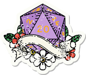 grunge sticker of a natural twenty D20 dice roll