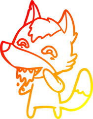 warm gradient line drawing of a cartoon hungry wolf