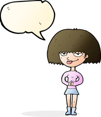cartoon sly woman with speech bubble