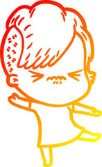 warm gradient line drawing of a cartoon annoyed hipster girl