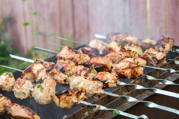 Cooking shish kebab on the grill. Cooking marinated meat on coals. Cooking meat on coals.