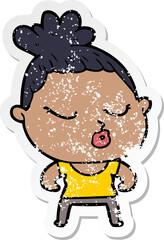 distressed sticker of a cartoon calm woman