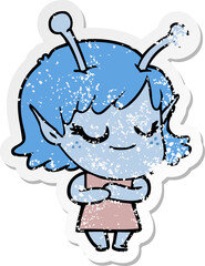 distressed sticker of a smiling alien girl cartoon