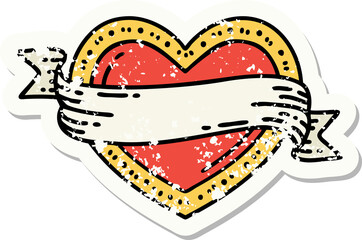 distressed sticker tattoo in traditional style of a heart and banner