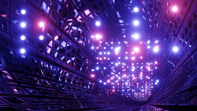 Data flow in tube channel. Fly through hi-tech futuristic environment or neon tunnel, complex sci-fi structure. 3d seamless background in 4k. Mirror reflections