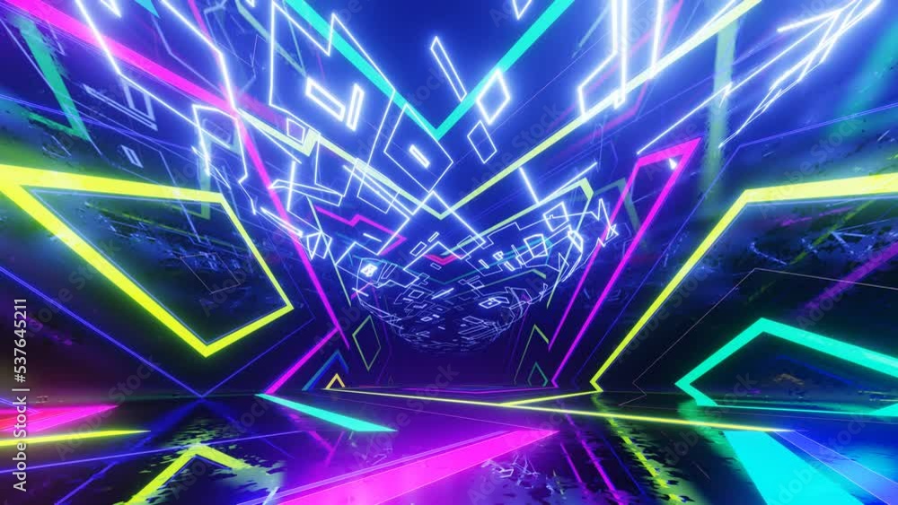 Poster fly through technology cyberspace with neon glow. sci-fi flight through hi-tech technology tunnel. g