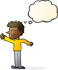 cartoon happy man reaching with thought bubble