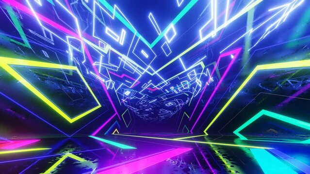 Fly through technology cyberspace with neon glow. Sci-fi flight through hi-tech technology tunnel. Glow line form pattern like sci-fi hologram. 3d looped seamless 4k bright background. Multicolored