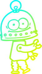 cold gradient line drawing of a happy carton robot with light bulb